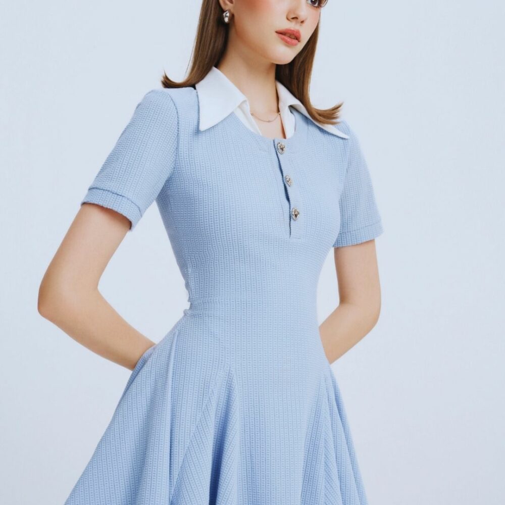 Light Blue Ribbed Short-Sleeve Mini Dress “Gentle Breeze” GB1909
