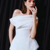 Soft Pink Asymmetrical Peplum Top & White Wide-Leg Pants Set “Elegant Flow” EF2609