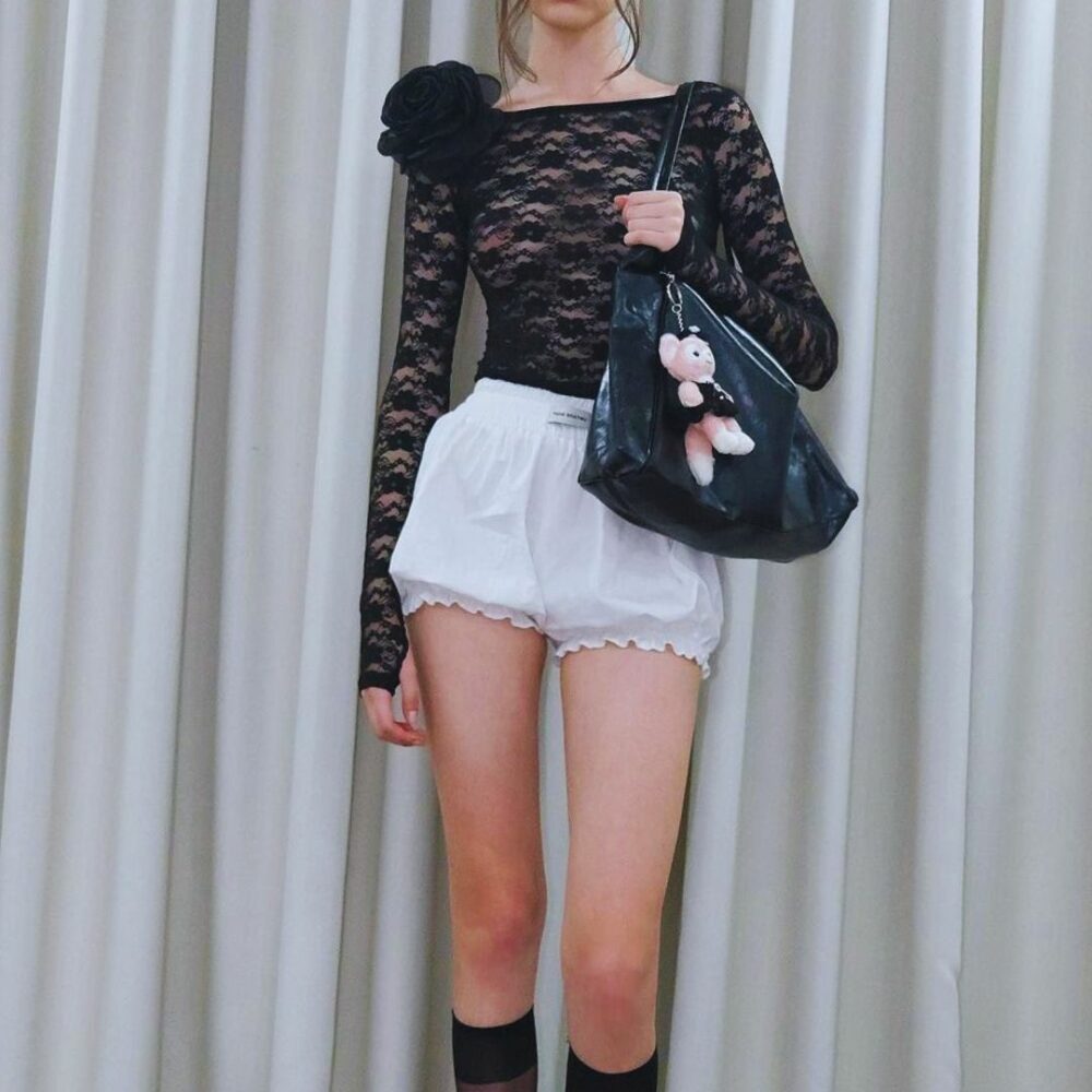 Black Lace Long-Sleeve Off-Shoulder Top & White Ruffled Bloomers Set “Floral Mystery” FM2509