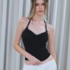 Black Velvet Halter Crop Top & White Textured Wide-Leg Pants Set “Timeless Contrast” TC2409