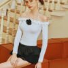 White Off-Shoulder Ruffled Long-Sleeve Top & Black Tiered Mini Skirt Set “Romantic Blossom” RB2209