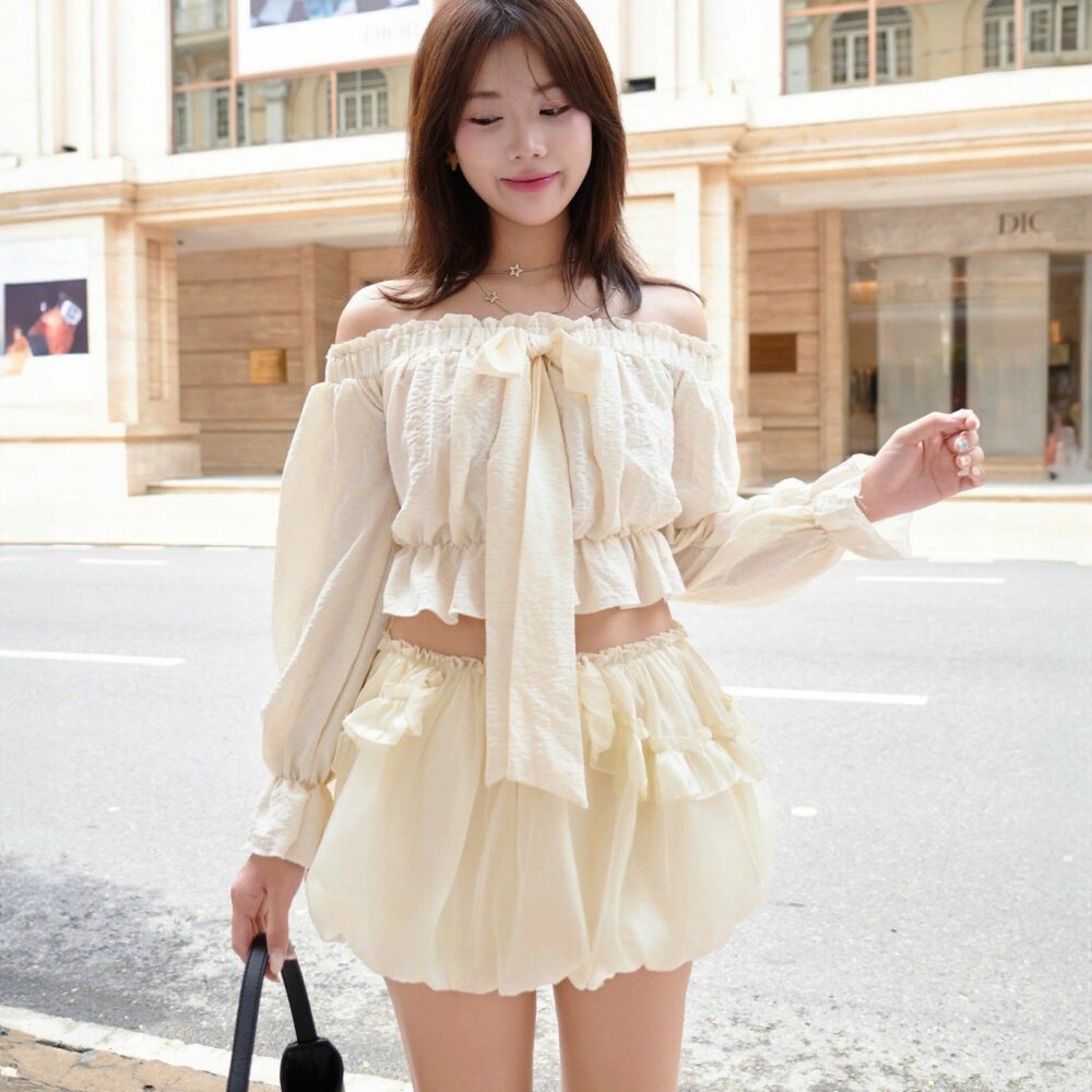Cream Off-Shoulder Chiffon Top with Front Bow – Elegant Summer Streetwear