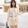 Cream Off-Shoulder Chiffon Top with Front Bow – Elegant Summer Streetwear