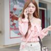 Pink Off-Shoulder Bow Blouse – Soft Romantic Streetwear Top