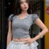 Gray Puff-Sleeve Ribbed Crop Top with Lace Trim – Cute Modern Street Look