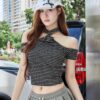Black Striped Off-Shoulder Crop Top with Tie Neck – Sleek Urban Streetwear