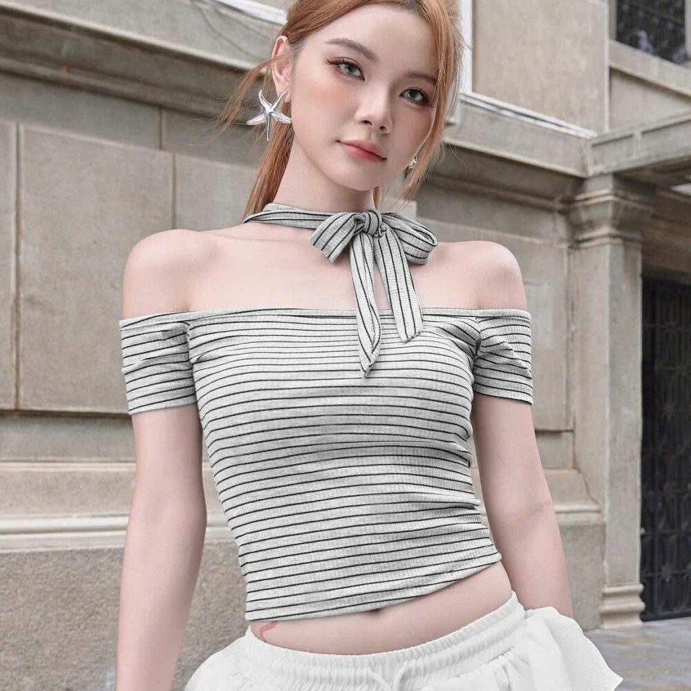 Striped Off-Shoulder Ribbed Top with Neck Tie – Modern Minimalist Street Style