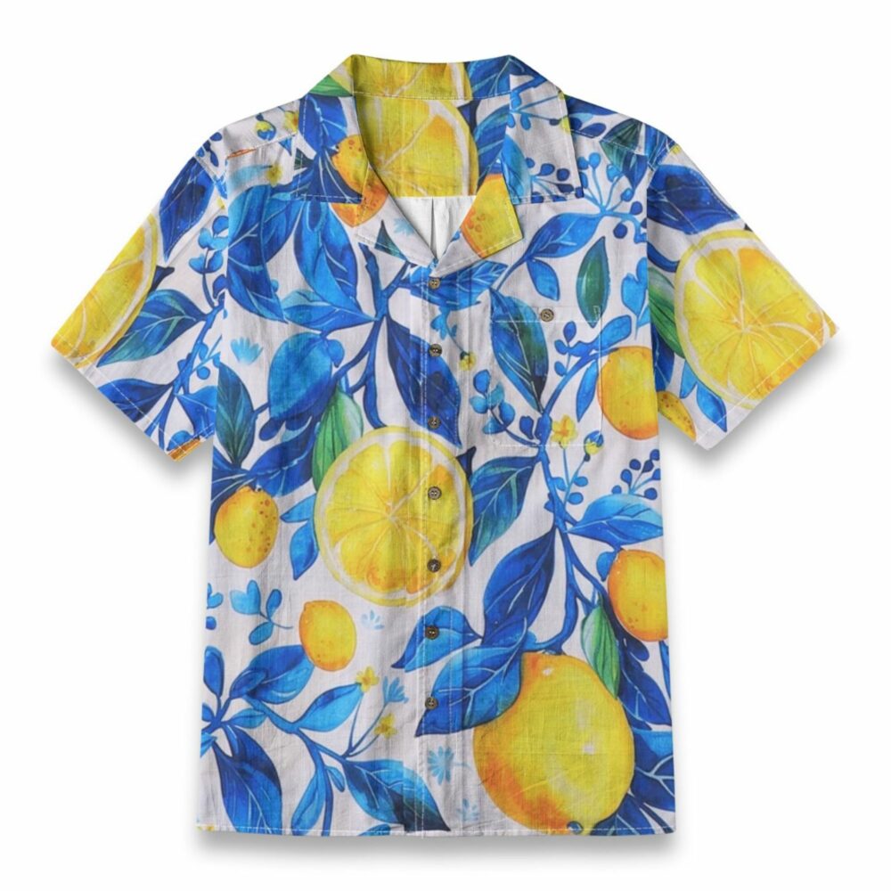 Vibrant Lemon & Blue Foliage Summer Aloha Shirt – Custom Photo Hawaiian Shirt